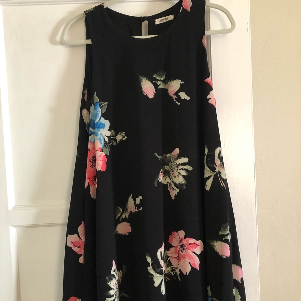 Black dress with multi-colored flowers